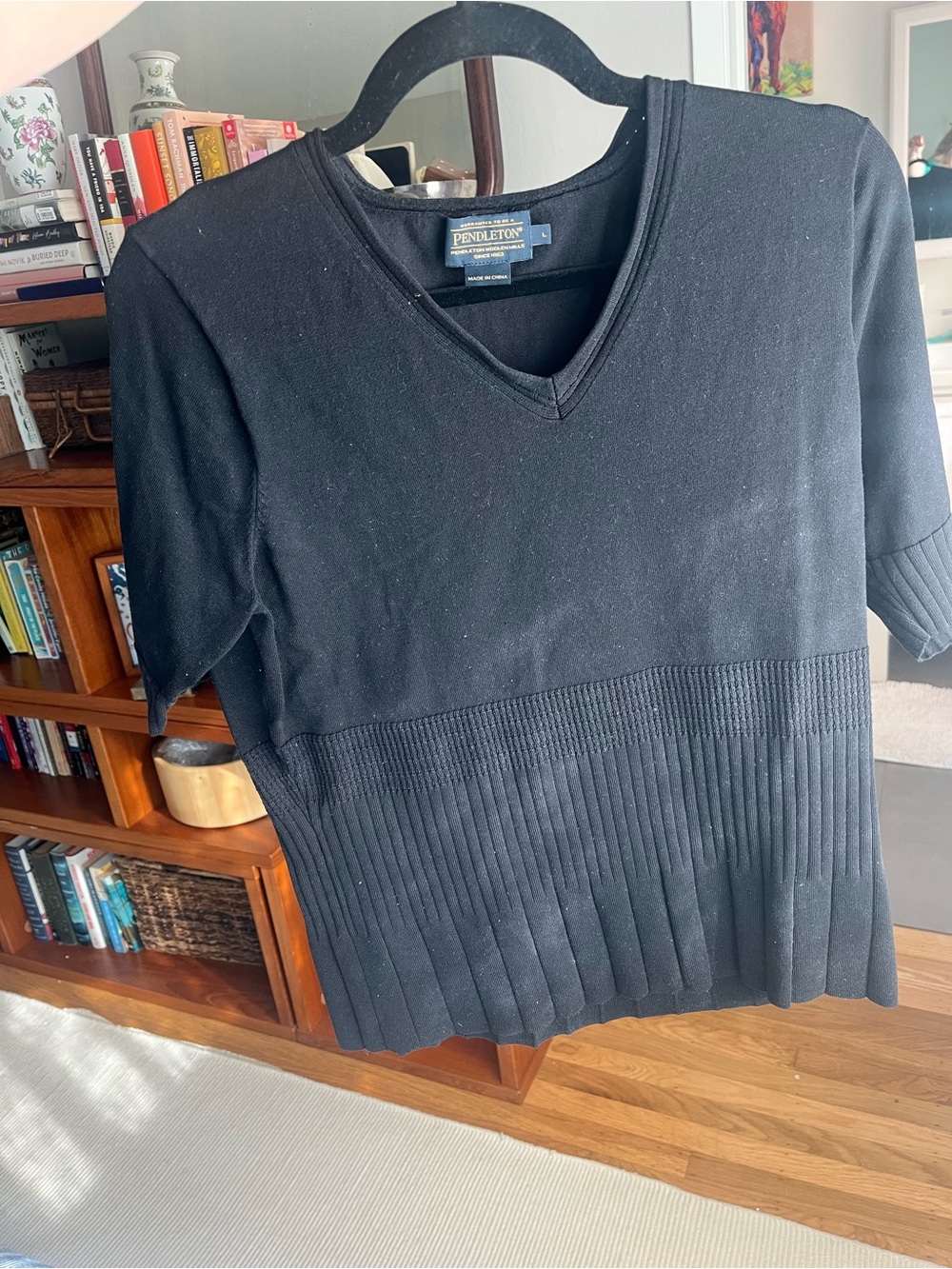 Pendleton Black V-Neck Short-Sleeve Knit Top with Pleated Hem